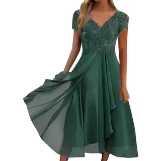Sommerkleid Damen V-Ausschnitt Abendkleid Lang Kleid Elegant Chiffon Spitze Swing Cocktailkleid Lässig Festliche Kleider für Frauen Hochzeitsgast Abendkleider Brautjungfernkleider Partykleid