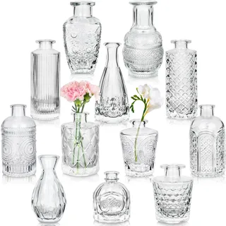 Artcome 12pcs Small Glass Bud Vase for Home Wedding Table Decorations, Vintage Mini Vase Bulk Buds for Events Office Garden Décor