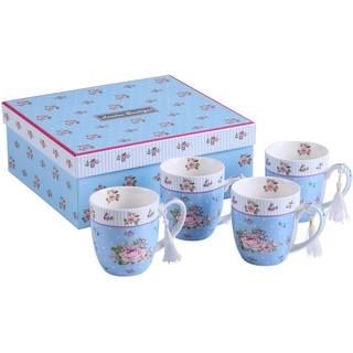 London Boutique k414 COFFEE CUPS ROSE BLUE Kaffeetassen-Set aus feinem Porzellan, Shabby-Chic, Vintage-/Retro-Stil, Flora, Geschenk für sie, 330 ml, Rosenblau, 4 Stück