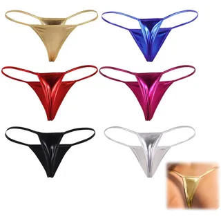 WUERKIYA Damen Tanga Unterwäsche Set 6 Stück – Sexy Micro Bikini Mini String aus Kunstleder, T-Back Design, Einheitsgröße, in Blau Gelb Schwarz Silber Lila Rot für Sommer Strand Party