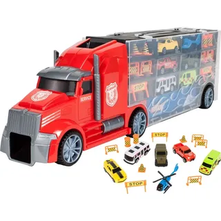 Malplay Transporter Spielzeug Transport-Lkw Autotransporter mit 5 Stück Buntes Mini Autos und Helikopter 53cm ab 3 Jahren Geschenk