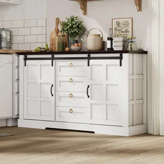 Merax Sideboard mit Schiebetüren und 4 Schubladen im Landhausstil, Kommode mit verstellbare Einlegeböden in Vintage Look, für Küche, Ess- / Wohnzimmer - Weiß