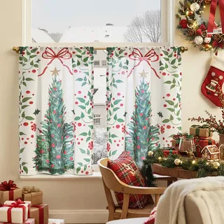 TOPICK Bistrogardine 2er Set Weihnachtsgardinen Scheibengardinen modern Küche Küchengardinen Landhausstil Weihnachtsbaum, H75xB65 cm Weihnachts Gardinen Wohnzimmer Scheibengardine Schlafzimmer Weiß