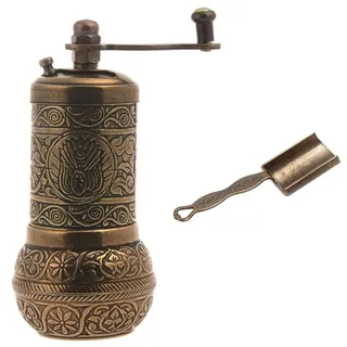 Acar Türkische Pfeffermühle Schwarz Nachfüllbar Gewürzmühle mit Messlöffel und Kurbel Griff (Altmessing)