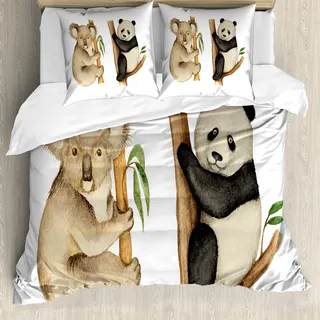 ABAKUHAUS Panda Bettbezug, Koala-Panda-Aquarell, Milbensicher Allergiker geeignet mit Kissenbezügen, 200 cm x 200 cm - 80 x 80 cm, beige Schwarz