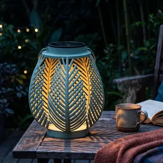Elblight.de LED Solar Laterne Outdoor – Gartenleuchte mit COB LED Dämmerungssensor Metallgehäuse warmweiß Boho Gartenlampe (Farn-Blätter)
