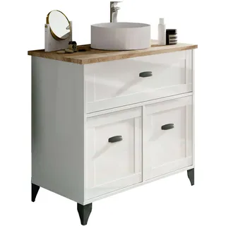 Muebles Pitarch | Badezimmermöbel mit Keramikwaschbecken inklusive, Breite 80 cm, mit Beinen, Schublade, 2 Türen, Weiß und Cambrian Eiche, Vintage-Stil, Modell Toscana.