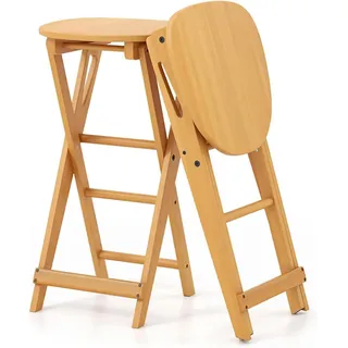 Costway Barhocker Klappbar Holz(2er-Set) , Naturfarben , Naturmaterialen , 34x84x38 cm , Esszimmer, Barmöbel, Barhocker