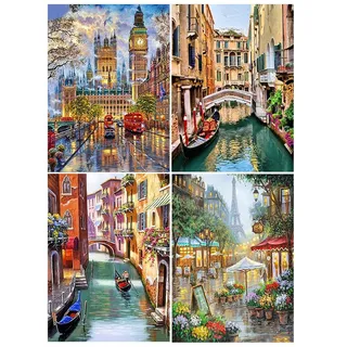 DCIDBEI Diamond Painting 4er Set 40x50 cm - Landschaften mit London Bus, Paris Eiffelturm und Italien Venedig - Malen nach Zahlen