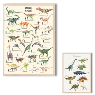 MeinBaby123® Dino Poster Kinderzimmer doppelseitig | Dinosaurier Poster DIN A2 | Bilder Kinderzimmer Jungen | Dino Deko Bilder Kinderzimmer | Wandposter Premium (Dino Poster doppelseitig V2)