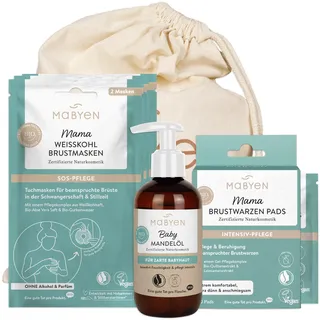 MABYEN Wochenbett Set für Mamas | Erstausstattung für die ersten Wochen mit Baby nach der Geburt - Set mit 3x Weißkohl Brustmaske, 10x Brustwarzen Pads, 1x Mandelöl