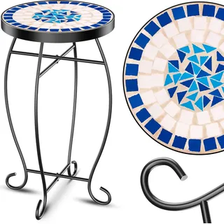 KESSER® Mosaiktisch Bistrotisch Blumenhocker Rund 60x34cm Metall Mosaik Beistelltisch Balkontisch Gartentische Terrassentisch Balkon Steinmosaik Garten Gartentisch Indoor Outdoor
