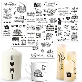Rub On Sticker 5 Bogen Gemütliche Sprüche Kerzentattoos - Transferaufkleber Wasserschiebefolie für Kerzen, Glas, Holz, Möbel DIY Basteln Deko Geschenk(schwarz Typ A、bunt Typ B) (schwarz Typ A)