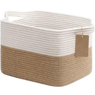TIMEYARD Aufbewahrungskorb, Jute Korb, Aufbewahrungskorb Klein, Körbe Aufbewahrung, Organizer Körbe, Baumwolle Korb für Regal, Bad,Wohnzimmer, Kinderzimmer, Badzimmer, 34x28x24cm, Jute & Weiß