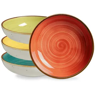 ONEMORE Groß Tief Pastaschale und Pastateller aus Porzellan in lebendigen Farben, Set mit 4 Stück, 887 ml, Servierschalen flach Set. Ideal für Nudeln, Salat, Suppe