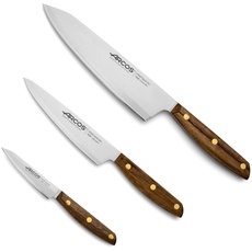 Arcos Serie Nordika - Set 3 Küchenmesser (Schälmesser + Küchenmesser + Kochmesser) - Edelstahl NITRUM - Ovengkol Holzgriff 100% natürlicher FSC - 100% recycelte Verpackung - Farbe Braun