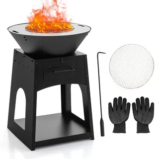 COSTWAY Feuerstelle mit Grillrost, Aschekasten, unterem Staufach, Feuerschale, Fire Pit inkl. Schürhaken & Handschuhen