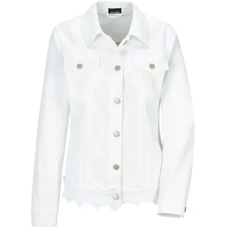 Jackenblazer GOLDNER "Kurzgröße Baumwolljacke mit Blumenborte", Damen, Gr. 21, weiß, Obermaterial: 97% Baumwolle CO. 3% Elasthan EL., Blazer Jackenblazer, Ziernähte im Vorder und Rückteil