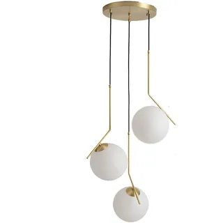 HJXDtech Moderne weiße Glaskugel Pendelleuchte, Gold Metall Loft Bar Hängelampe Küche Wohn- & Esszimmer Kronleuchter Deckenleuchte (3-Lichter)