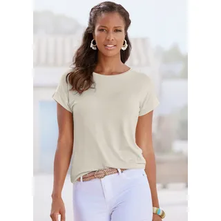 Kurzarmshirt VIVANCE "mit Gummizug im Bund", Damen, Gr. 44/46, beige, Jersey, Obermaterial: 95% Viskose (LENZINGTM ECOVEROTM), 5% Elasthan, unifarben, Basic, Basic normal, Rundhals, Shirts Kurzarmshirt, aus elastischem Viskose Jersey, sommerlich leicht, Topseller