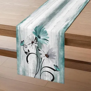 Tischläufer Blumen in Türkisblau und Blaugrün, Moderne Tischläufer 40x100 cm Weiße Gänseblümchen Schwarze Blätter Schmetterling Sommer Küche Tisch Dekoration für Drinnen Urlaub Party Dekor