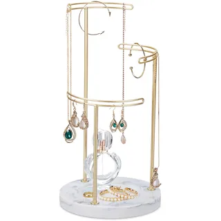 Relaxdays Schmuckständer, Marmor Ablage, Schmuckhalter Ketten, Ohrringe, Armbänder, 3 Metall Stangen, HxD 35x18 cm, gold