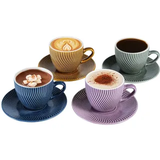 Yundu 250ml Cappuccino Tassen 4er Set, Modern keramik Kaffeetassen mit Untertassen, Espressotassen Set, Perfekt für Lattes, Mokkas und Matcha. (4 Farben)