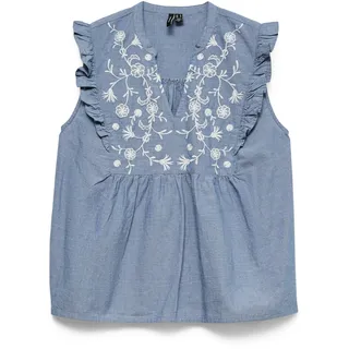 Rüschentop VERO MODA "VMHANNAH EMB SL TOP WVN NOOS", Damen, Gr. S, true navy, Web, Obermaterial: 100% Baumwolle, bestickt, unifarben mit Farbeinsatz, normal, V-Ausschnitt, Tops Rüschentop, Baumwolle