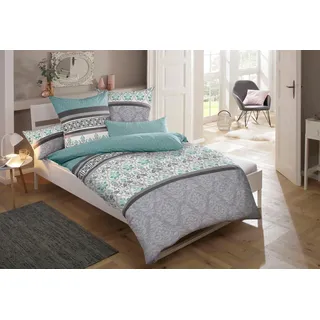Bettwäsche OTTO HOME "Cremona", grau (grau, mint), B/L: 155cm x 220cm, 1 Stk., 1 Stk., Biber, B/L: 80cm x 80cm, Biber, Obermaterial: 100% Baumwolle, Bettwäsche, Bettwäsche, romantische Bettwäsche in verschiedenen Qualitäten, ab Gr. 135x200 cm