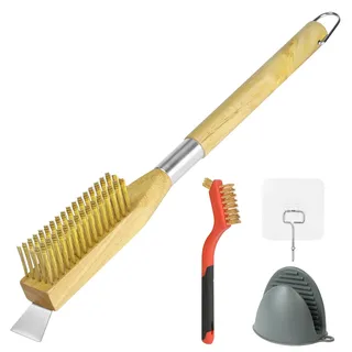 OFFCUP Pizzaofen Bürste 50cm mit Stahlschaber und Kratzfeste Messingborsten Grillbürste, Holzgriff Pizzastein Bürste Set Grill Reinigungsbürste für Gasgrill Holzkohlegrill