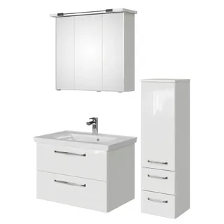 Saphir Badmöbel-Set »Badmöbel-Set Trentino 3-tlg Mineralmarmorwaschtisch,LED-Spiegelschrank«, (4 St.), Badezimmer-Set mit Midischrank inkl. Türdämpfer, weiß