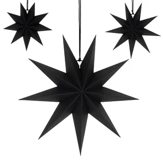 Papiersterne Weihnachten 40cm & 30cm & 25cm - Schwarz, 3er - 9 Zackig Stern zum Weihnachtskugel Aufhängen Faltstern Weihnachten Papier Stern Weihnachts Set Dekoration
