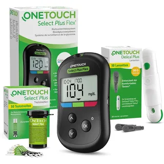 OneTouch Select Plus Flex® Blutzuckermesssystem für Diabetes (Zucker-Krankheit) I 1 Blutzucker-Messgerät (mg/dL) + 40 Teststreifen + 1 Stechhilfe + 40 Lanzetten im Etui (inkl. Batterie)