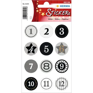 HERMA 15255 Aufkleber Zahlen 1-24 Goldprägung rund, 24 Stück, Ø 2 cm, Weihnachten Sticker mit Sterne Schneeflocken, Nummer Ziffer Klebezahlen Etiketten für Weihnachtsdeko Adventskalender DIY Basteln