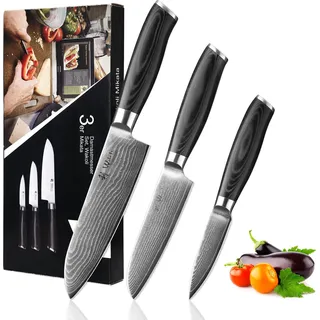 Wakoli Mikata 3er Damastmesser-Set Klingenlängen von 8 cm bis 17 cm mit Griffen aus Micarta