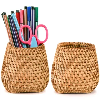 Hacaroa Set mit 2 Rattan-Stifthalter für Schreibtisch, handgefertigter Weidenstift-Behälter, gewebter Make-up-Pinselhalter, Weinreben-Schreibtisch-Organizer, Zuhause, Büro Tischdekoration