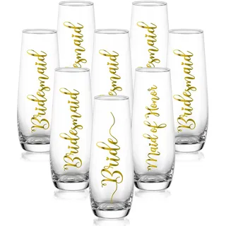 NUPTIO Sektgläser Becher Geschenk Hochzeit: Satz von 8 Gravur Gläser Bride Bridesmaid Trauzeugin Champagner Prosecco Glasses Gold Tumbler Party Champagnerglas Sektflöten Gift Stemless