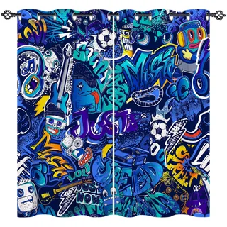 ANHOPE Graffiti Fußball Auto Gamepad Vorhänge mit Ösen Kinder Jungen Mädchen Gardinen Blickdichte Thermo Vorhang Blackout Curtain Schlafzimmer Wohnzimmer Verdunklungsvorhänge 2er Set H 160 x B 132 cm
