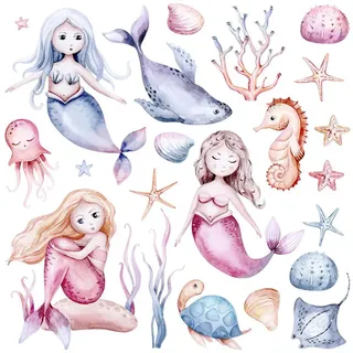 Wallfluent Wandaufkleber 100x126cm - Die Welt der kleinen Meerjungfrauen , Multicolor , Kunststoff , Rechteckig , 100x126x0.1 cm , Tapeten & Wandverkleidungen, Wandtattoos & Sticker, Wandtattoos