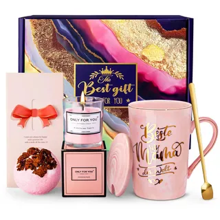 Doublewhale Geburtstagsgeschenk Geschenke für Mama, Mutter Geschenk Becher Weihnachten, 14 Oz Rosa Marmor Kaffeetasse mit Duftkerze, Rose Badebomben, Grußkarte, Schöne Geschenkbox, Mama Geschenk Set