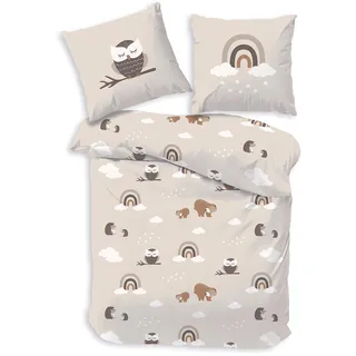 Regenbogen und Waldtiere, hochwertige und hautfreundliche Bettwäsche Eule, Kinderbettwäsche 135x200cm, 80x80, 100% Baumwolle