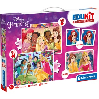 Clementoni Edukit 4 in 1 Disney-Prinzessinnen (Memory, Puzzle 30 und 48 Stücke, 6 Würfel) - pädagogische Spiele für Kinder - Memory und Logik-Spiel 18297