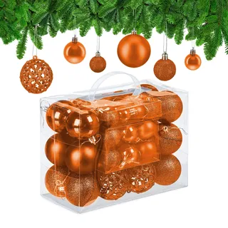 Relaxdays Weihnachtskugeln 50er Set, glitzernde, Matte & glänzende Christbaumkugeln, Kunststoff, ∅ 3, 4 & 6 cm, orange