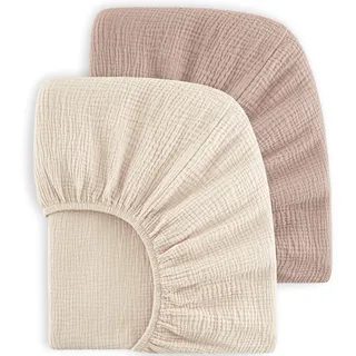 Bearmoss 2er Set Kinder Spannbettlaken,Musselin-Bettlaken 100% Baumwolle Baby-Bettlaken 60x120cm/140x70cm Reisebett Spannlaken Beistellbett Leintücher (Beige, 70x140cm)