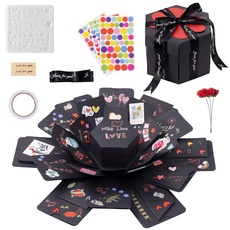int!rend Geschenkbox Überraschungsbox - DIY Explosionsbox Inkl. 5 Fotokarten & 9 Vorlagen + 5 Schablonen + 3 Markern + Stickern & Schleife - Fotobox Geschenk zum Geburtstag