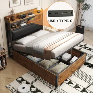 Flieks Jugendbett 90x200cm mit USB, Einzelbett Metallbett mit Stauraum, Hydraulisches Metallbett Klassisches Bett Stauraumbett, Schwarz - Schwarz