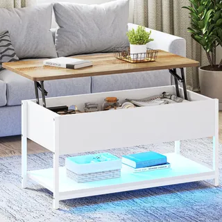 YITAHOME Couchtisch mit Höhenverstellbarer Platte Kaffeetisch Ausziehbarer, Versteckter Stauraum, Wohnzimmertisch Beistelltisch für Wohnzimmer, Büro, mit Steckdosenleiste und LED-Lichtleiste