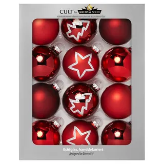 KREBS & SOHN 12er Set Glas Christbaumkugeln Heitmann Deco - Weihnachtsbaum Deko zum Aufhängen - Weihnachtskugeln 8 cm - Rot Sterne, 12er Set (5,7 cm)