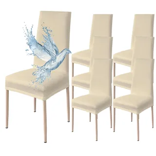Poligino Stuhlhussen 6er Set Wasserdicht Stretch Universale Weich und Bequem, Stuhlbezug für Haus, Küche, Hochzeit, Restaurant, Party, Hotel, Zeremonie, Bankett - Beige