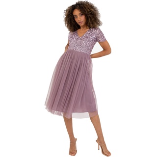 Maya Deluxe Damen Midi-Kleid mit V-Ausschnitt, Verziert Brautjungfernkleid, Moody Lilac, 44